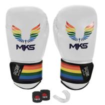 Kit Luva Boxe New Energy II Pride Branco Metálico 12oz + Bandagem + Protetor Bucal MKS Combat