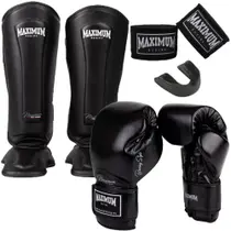 Kit Luva De Boxe Classic Black + Caneleira Muay Thai Classic Black + Bandagem 3m + Bucal - Maximum