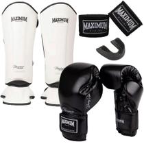 Kit luva de boxe classic black + caneleira muay thai classic white + bandagem 3m + bucal - maximum
