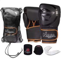 Kit Luva De Boxe E Muay Thai Naja Black Line + Bandagem + Protetor Bucal + Bolsa Bag