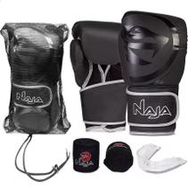 Kit Luva De Boxe E Muay Thai Naja Black Line + Bandagem + Protetor Bucal + Bolsa Bag