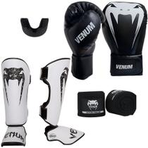 Kit luva de boxe giant sticher + caneleira muay thai giant brasil branco + bandagem + bucal - venum