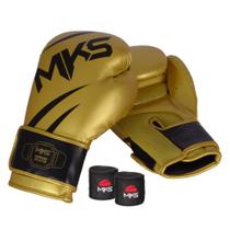 Kit Luva de Boxe MKS Champions V3 Dourado/Preto + Bandagem Preta 2,55m