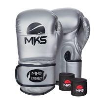 Kit Luva de Boxe MKS Energy V2 Silver e Bandagem Preta 2,55m