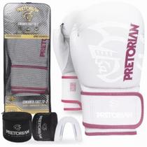 Kit luva de boxe muay thai feminina first fx2 branco/rosa + bandagem + bucal + bolsa - pretorian