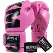 Kit luva de boxe muay thai feminino mxm rosa/preto + bandagem 3m + protetor bucal - maximum