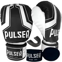 Kit luva de boxe muay thai kickboxing iron preta/branca + bandagem 4m + protetor bucal