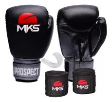 Kit luva de boxe muay thai kickboxing prospect preto/prata + bandagem 2,55m + protetor bucal - mks Kit luva de boxe muay thai kickboxing prospect preto/prata + bandagem 2,55m + protetor bucal - mks