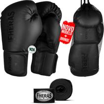 Kit Luva de Boxe Muay Thai MMA Bandagem All Black 08oz