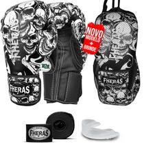 Kit Luva de Boxe Muay Thai MMA Bandagem e Bucal 12oz Caveira