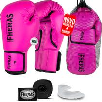 Kit Luva de Boxe Muay Thai MMA Bandagem e Bucal Rosa 10oz