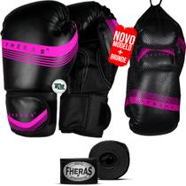 Kit Luva de Boxe Muay Thai MMA Bandagem Line Rosa 08oz - Fheras