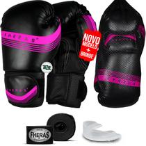 Kit Luva de Boxe Muay Thai MMA Line Rosa Bandagem Bucal 10oz - Fheras