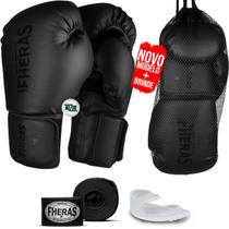 Kit Luva de Boxe Muay Thai MMA Pro Black Bandagem Bucal 12oz