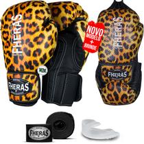 Kit Luva de Boxe Muay Thai MMA Pro Onça Bandagem Bucal 12oz