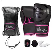 Kit Luva de Boxe Muay Thai - Naja Black Preto/Rosa + Bandagem + Bucal