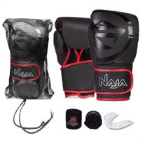 Kit Luva de Boxe Muay Thai - Naja Black Preto/Vermelho + Bandagem + Bucal Kit Luva de Boxe Muay Thai - Naja Black Preto/Vermelho + Bandagem + Bucal