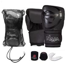 Kit Luva de Boxe Muay Thai - Naja Mod. Black Line Preto + Bandagem + Bucal