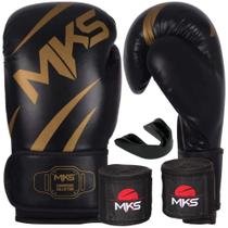 Kit Luva De Boxe Muay Thai New Champion Preta/Dourada + Bandagem + Protetor Bucal - Mks Combat Kit Luva De Boxe Muay Thai New Champion Preta/Dourada + Bandagem + Protetor Bucal - Mks Combat