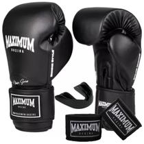 Kit luva de boxe muay thai new classic black + bandagem 3m + protetor bucal - maximum