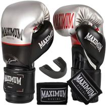 Kit luva de boxe muay thai profissional pro silver + bandagem 3m + protetor bucal - maximum