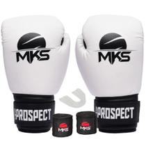 Kit luva de boxe muay thai prospect branco + bandagem 2,55m + protetor bucal - mks combat Kit luva de boxe muay thai prospect branco + bandagem 2,55m + protetor bucal - mks combat