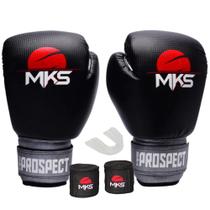 Kit luva de boxe muay thai prospect preta/prata+ bandagem 2,55m + protetor bucal - mks combat