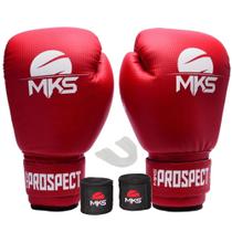 Kit luva de boxe muay thai prospect vermelho + bandagem 2,55m + protetor bucal - mks combat Kit luva de boxe muay thai prospect vermelho + bandagem 2,55m + protetor bucal - mks combat