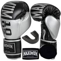 Kit luva de boxe muay thai trainning preta/prata + bandagem 3m + protetor bucal - maximum