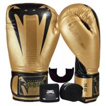 Kit Luva De Boxe Muay Thai Venum Giant Evo Pro Gold + Bandagem 4m Preto + Protetor Bucal