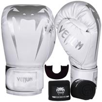 Kit luva de boxe muay thai venum giant full logo pro white silver + bandagem 4m + protetor bucal