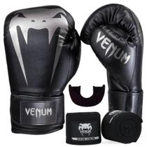 Kit luva de boxe muay thai venum giant full pro black silver + bandagem 4m preto + protetor bucal