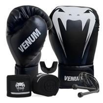 Kit luva de boxe muay thai venum giant logo sticher dark + bandagem 4m + protetor bucal + corda