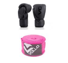 Kit Luva de Boxe/Muay Thai Vollo Preta 14 Oz + Bandagem Elástica Rosa