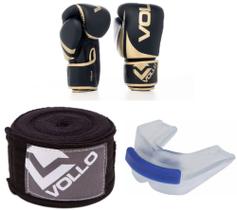 Kit Luva de Boxe/Muay Thai Vollo Preta/Dourada 14 Oz + Bandagem + Protetor Bucal Duplo