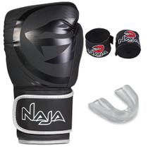 Kit Luva de Boxe Naja Black Line Preto com Prata + Bandagem + Bucal