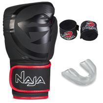 Kit Luva de Boxe Naja Black Line Preto com Vermelho + Bandagem + Bucal