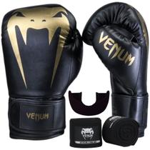 Kit luva de boxe venum giant full logo pro black gold profissional + bandagem 4m + protetor bucal