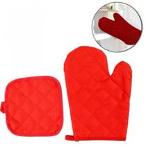 Kit luva de cozinha vermelha com descanso de panela de poliéster para forno com 2 peças