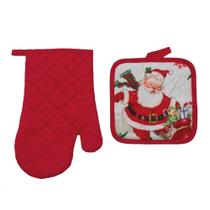 Kit Luva e Descanso de Panelas em Tecido Vermelho Papai Noel C/2 Peças - Cromus Embalagens
