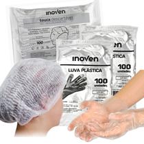 Kit Luva e Touca Plástica para Salões Clinicas Cozinha e Estética 300Und