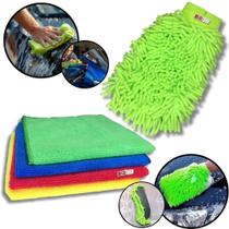 Kit Luva Esponja Microfibra + 4 Panos de Microfibra 35x35cm para Limpeza Carro Moto Multiuso Kit Luva Esponja Microfibra + 4 Panos de Microfibra 35x35cm para Limpeza Carro Moto Multiuso