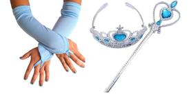 Kit Luva Luvas azul coroa e varinha princesas Festas Fantasia