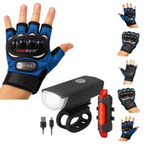 Kit Luva Meio Dedo + Farol Dianteiro e Sinalizador LED Traseiro Para Bike Segurança Completa Kit Luva Meio Dedo + Farol Dianteiro e Sinalizador LED Traseiro Para Bike Segurança Completa
