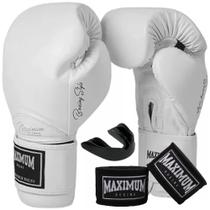 Kit luva muay thai boxe kickboxing classic branca + bandagem 3m + protetor bucal - maximum