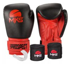 Kit luva muay thai boxe kickboxing prospect preta/vermelha + bandagem 2,55m + protetor bucal - mks Kit luva muay thai boxe kickboxing prospect preta/vermelha + bandagem 2,55m + protetor bucal - mks