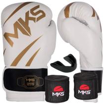 Kit Luva Muay Thai Boxe New Champion Branco/Dourado + Bandagem + Protetor Bucal - Mks Combat
