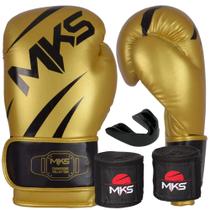 Kit Luva Muay Thai Boxe New Champion Dourada/Preta + Bandagem + Protetor Bucal - Mks Combat Kit Luva Muay Thai Boxe New Champion Dourada/Preta + Bandagem + Protetor Bucal - Mks Combat