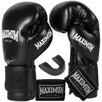 Kit luva muay thai boxe profissional pro series preto + bandagem 3m + protetor bucal - maximum