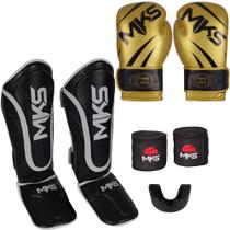 Kit Luva Muay Thai Champion Dourada + Caneleira Muay Thai Prospect Preta + Bandagem + Bucal - Mks